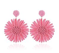 DOKRIN Pendientes para mujer,Pendientes de girasol rosa con paja tejida, pendientes florales vintage para mujer, el regalo perfecto para niñas y mujeres.