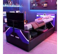 Dolamaní Cama acolchada individual de 90 x 200 cm en estilo E-Sport, con funda de piel sintética con aspecto de bloque de color, cama de almacenamiento hidráulico con iluminación LED y soporte de TV