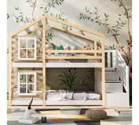 Dolamaní Cama Alta 90 x 200 cm Con Escalera, Litera Con Cajón y Protección Anticaídas, Individual Para Niños, 2 Somieres, Color Natural y Blanco