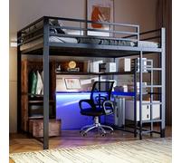 Dolamaní Cama alta de 140 x 200 cm con escritorio y armario, LED multifunción, cama de metal, espacio de almacenamiento, cajones y estanterías, cama juvenil, cama doble para adultos (negro)
