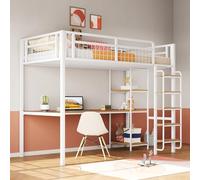 Dolamaní Cama alta de metal, 90 x 200 cm, con escalera de seguridad, cama individual con mesa y estantes, rejilla de metal (blanco)