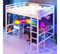 Dolamaní Cama alta de metal de 140 x 200 cm con diseño de escritorio y escalera, escritorio con LED que cambia de color, 1 puerto USB + 1 conector tipo C y 2 enchufes, sin colchón (blanco)