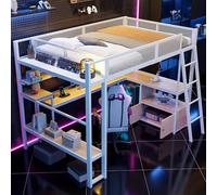 Dolamaní Cama alta de metal para videojuegos, 140 x 200 cm, con espacio de trabajo integrado, iluminación LED, escritorio y estantería, mucho espacio de almacenamiento, para adultos, cama juvenil, sin