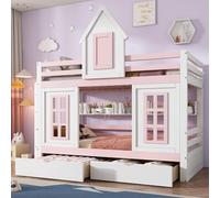 Dolamaní Cama alta infantil de princesas de 90 x 200 cm con somier, litera con cerradura con techo y ventana, cuna con barandilla, cajones con ruedas, estante, color blanco y rosa