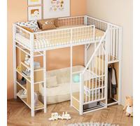 Dolamaní Cama alta para adultos y jóvenes, 90 x 200 cm, con escalera y espacio de almacenamiento, altura de 170 cm, cama de metal con estante de varios niveles (blanco)