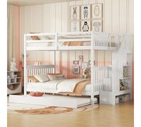 Dolamaní Cama alta para niños, 140 x 200 cm, litera para 3 personas, cuna con escalera, alta protección anticaídas, cama nido debajo, compartimentos laterales, color blanco