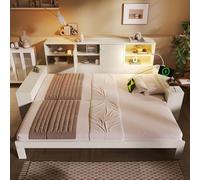 Dolamaní Cama de día con cama nido de la misma altura 90/180 x 200 cm, cama de madera con espacio de almacenamiento, cama funcional con conexiones USB/USB-C, individual/doble, sin colchón (blanco A)