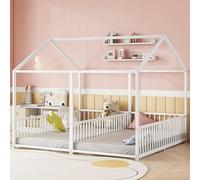 Dolamaní Cama de suelo de 180 x 200 cm para 2 niños con protección contra caídas, 90 x 200 cm, camas individuales 2 en 1, cama de metal para hermanos, cama infantil profunda (blanco B)