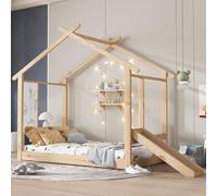 Dolamaní Cama infantil 90 x 200 cm, con tobogán y pizarra blanca para escribir, láminas estables, cama individual, pino + MDF + madera contrachapada (sin colchón) (natural)