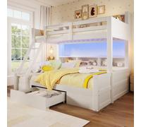 Dolamaní Cama infantil litera 90 x 200 cm+140 x 200 cm, cama con somier y 1 cajón de almacenamiento, construcción estable, escalera, barandilla, varios armarios abiertos, sin colchón (blanco)