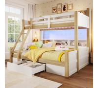 Dolamaní Cama infantil litera 90 x 200 cm+140 x 200 cm, cama con somier y 1 cajón de almacenamiento, construcción estable, escalera, barandilla, varios armarios abiertos, sin colchón (blanco + natural