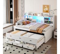 Dolamaní Cama nido de 90 x 200 cm con LED y USB+Type-c, cama de día extensible con 3 cajones, cama individual de madera (blanco)