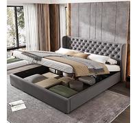 Dolamaní Cama tapizada de 180 x 200 cm con cajón y somier, forma de orejas, costuras de botones, cabecero de cama de matrimonio con somier de gran espacio de almacenamiento, tela de terciopelo (gris)