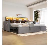 Dolamaní Cama tapizada, sofá cama 90 x 190 cm, cama nido de la misma altura, cabecero con compartimentos de almacenamiento, barra de luz LED y enchufes de carga, acolchado de terciopelo, cama infantil