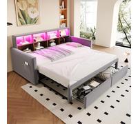 Dolamaní Cama tapizada sofá cama 90 x 190 cm, cama nido de la misma altura con espacio de almacenamiento, cabecero con compartimentos de almacenamiento, barra de luz LED, acolchado de terciopelo, cama