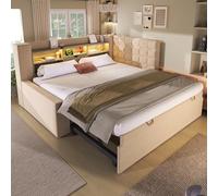 Dolamaní Cama tapizada sofá cama 90 x 200 cm con cama nido de la misma altura 90 x 190 cm, cama con cabecero en forma de L - Montaje por ambos lados, somier e iluminación LED, lino, sin colchón (beige