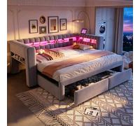 Dolamaní Cama tapizada, sofá cama, cama extensible, 90/180 x 190 cm, gris | Cama nido misma altura doble con compartimentos de almacenamiento integrados e iluminación LED, tela de terciopelo