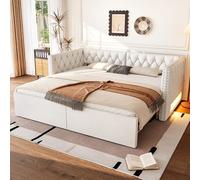 Dolamaní Cama tapizada sofá cama de 90 x 200 hasta 180 x 200 cm con iluminación LED, marco estable de metal y madera, cama nido de la misma altura, cama juvenil, cama de invitados, lino, sin colchón