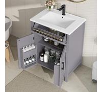 Dolamaní Juego de muebles de baño, 60 x 46 x 84,8 cm, lavabo con armario inferior, con 2 puertas de armario y estantes ajustables, cajones prácticos, lavabos de cerámica (gris)