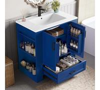 Dolamaní Juego de muebles de baño de 76 x 46 x 78,5 cm, lavabo con armario inferior, lavabo de cerámica con 2 puertas y 1 cajón deslizante silencioso, estantes a ambos lados (azul)