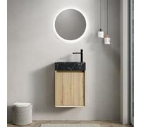 Dolamaní Lavabo con armario bajo 40 cm, para colgar bajo encimera, de mármol negro con patrón de piedra, armarios de madera contrachapada con rayas, una puerta, grano de madera de roble (A)