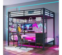 Dolamaní Litera de 90 x 200 cm/140 x 200 cm, marco de cama de metal para adultos, cama alta con escritorio, 2 somieres, tira LED, conector USB, cajones/red (negro)