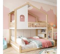 Dolamaní Litera de 90 x 200 cm+140 x 200 cm para 2 niños, cama infantil con somier y escalera con espacio de almacenamiento, cama alta con protección anticaídas, ventana, listón, color natural +