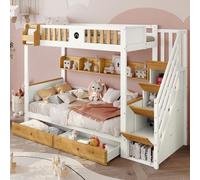 Dolamaní Litera de 90 x 200 cm con Escalera y 2 cajones, Cama Alta con Pizarra, estantes y estantes, Marco de Madera de Pino y MDF, Cuna con 4 taquillas, Barrera anticaída (D + Escalera)