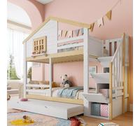 Dolamaní Litera de 90 x 200 cm con superficie extensible, cama infantil con escalera de almacenamiento, ventana, listón de casa, litera para 2 niños, niñas, niños, cama de madera sin colchón (blanco +