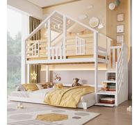 Dolamaní Litera para 2 niños, 90 x 200 cm+140 x 200 cm, cama alta con espacio de almacenamiento, escalera, techo y ventana, protección anticaídas, cama de madera, sin colchón (blanco + natural B)