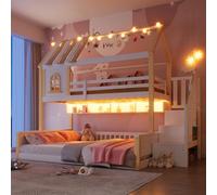 Dolamaní Litera para 2 niños, 90 x 200 cm+140 x 200 cm, cama alta con LED, techo y diseño de ventana, compartimentos de almacenamiento abiertos, protección contra caídas, cama de madera, sin colchón