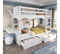 Dolamaní Litera para 2 niños, 90 x 200 cm, madera con escritorio plegable, cuna con protección anticaídas, litera con escalera y 2 cajones, cama de madera maciza, color blanco para habitación juvenil