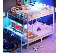 Dolamaní Litera para 2 personas, 140 x 200 cm, cama alta con escritorio, bandeja de almacenamiento, barra de luces LED, barandilla de seguridad y escalera, cama de metal, somier de láminas de metal