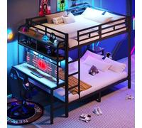 Dolamaní Litera para 2 personas, 140 x 200 cm, cama alta con escritorio, bandeja de almacenamiento, barra de luces LED, barandilla de seguridad y escalera, cama de metal, somier de láminas de metal