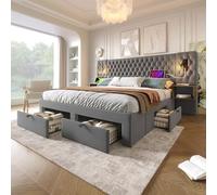 Dolamaní Moderna cama tapizada de 180 x 200 cm, con 2 mesitas de noche y 4 cajones, cama con espacio de almacenamiento y somier, cabecero de luz de lectura con USB y LED, terciopelo, sin colchón (gris