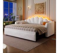 Dolamaní Sofá cama con cama nido 90 x 200 cm/180 x 200 cm, cama tapizada con iluminación LED, cama extensible de la misma altura, terciopelo, sin colchón (blanco)