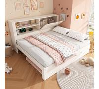 Dolamaní Sofá cama juvenil 140 × 190 cm con cama nido de 90 × 190 en madera, marco de cama blanco, somier de listones de madera, compartimento abierto, almacenamiento plegable oculto, USB/USB C, sin
