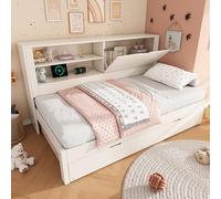Dolamaní Sofá cama juvenil 90 × 190 cm con cama nido 90 × 190 en madera, marco de cama blanco, somier de listones de madera, compartimento abierto, almacenamiento plegable oculto, USB/USB-C, sin