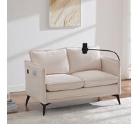Dolamaní Sofá de 2 plazas, sofá de tela con patas de metal, con soporte ajustable para teléfono móvil, 2 cojines y 2 cojines, para salón, dormitorio, balcón (beige)