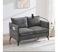 Dolamaní Sofá de 2 plazas, sofá de tela con patas de metal, con soporte ajustable para teléfono móvil, 2 cojines y 2 cojines, para salón, dormitorio, balcón (gris)