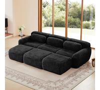 Dolamaní Sofá de 3 plazas + 3 taburetes con cojín, sin montaje, diseño modular sin marco, base antideslizante, tela de felpa para salón, dormitorio, estudio (negro)
