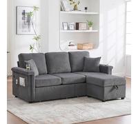 Dolamaní Sofá de terciopelo de 3 plazas con 2 cajones, soporte para bebidas, bolsillos laterales y reposapiés de almacenamiento, para salón, dormitorio y oficina. (gris oscuro)