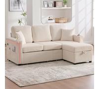 Dolamaní Sofá de terciopelo de 3 plazas con 2 cajones, soporte para bebidas, bolsillos laterales y reposapiés para sala de estar, dormitorio y oficina (beige)