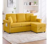 Dolamaní Sofá de terciopelo de 3 plazas con 2 cajones, soporte para bebidas, bolsillos laterales y reposapiés para sala de estar, dormitorio y oficina. (amarillo mostaza)