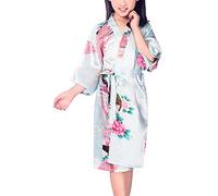 Dolamen Kimono para niña, bata kimono, bata de satén de seda de pavo real y flores, bata de baño para spa, natación, boda, cumpleaños, edad de noche, pijama