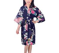 Dolamen Kimono para niña, bata kimono, bata de satén de seda de pavo real y flores, bata de baño para spa, natación, boda, cumpleaños, edad de noche, pijama, azul, 40