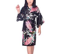 Dolamen Kimono para niña, bata kimono, bata de satén de seda de pavo real y flores, bata de baño para spa, natación, boda, cumpleaños, edad de noche, pijama, Negro, 40