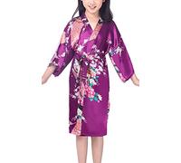Dolamen Kimono para niña, bata kimono, bata de satén de seda de pavo real y flores, bata de baño para spa, natación, boda, cumpleaños, edad de noche, pijama