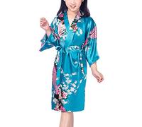 Dolamen Kimono para niña, bata kimono, bata de satén de seda de pavo real y flores, bata de baño para spa, natación, boda, cumpleaños, edad de noche, pijama, Azul lago., 38