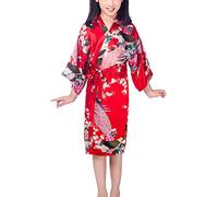 Dolamen Kimono para niña, bata kimono, bata de satén de seda de pavo real y flores, bata de baño para spa, natación, boda, cumpleaños, edad de noche, pijama, rosso, 42